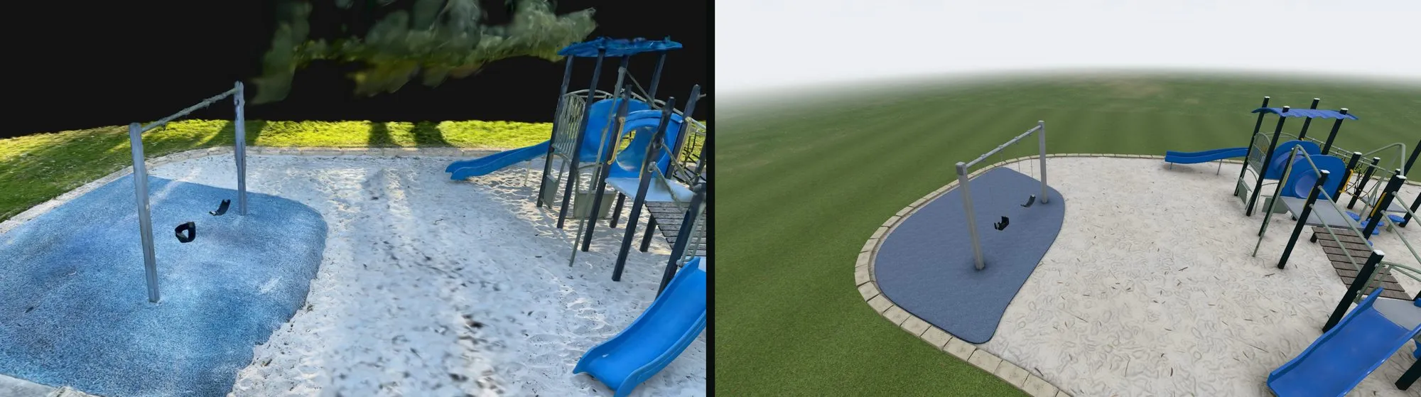 The swings: Gaussian splat on the left, agentic CAD on the right