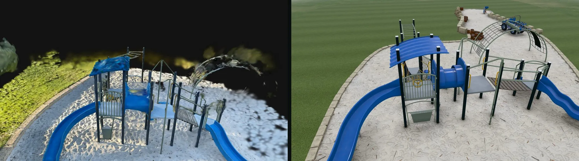 Gaussian splat on the left, agentic CAD on the right