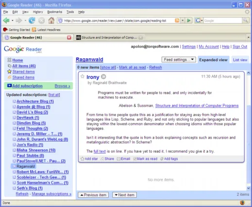 Google Reader on Firefox 2 Tablet PC
