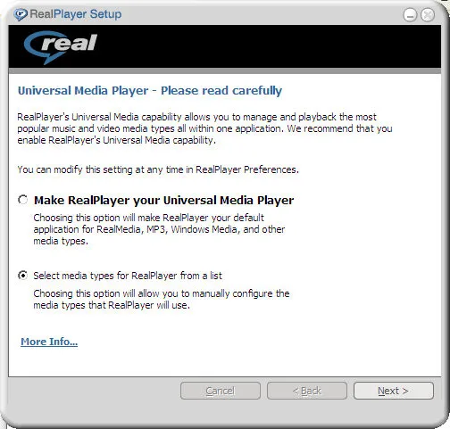 Real Player setup dialog