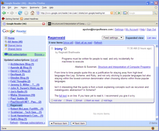 GoogleReader+Firefox2+TabletPC